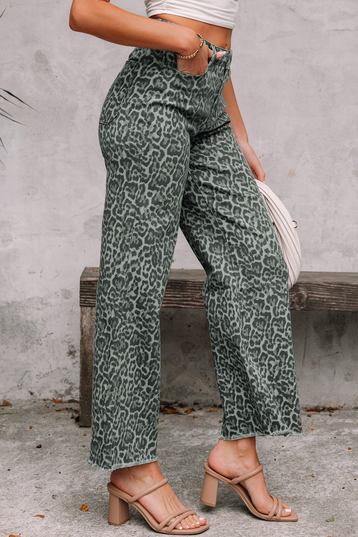 Rose Leopard Frayed Edge Wide Leg High Waist Jeans