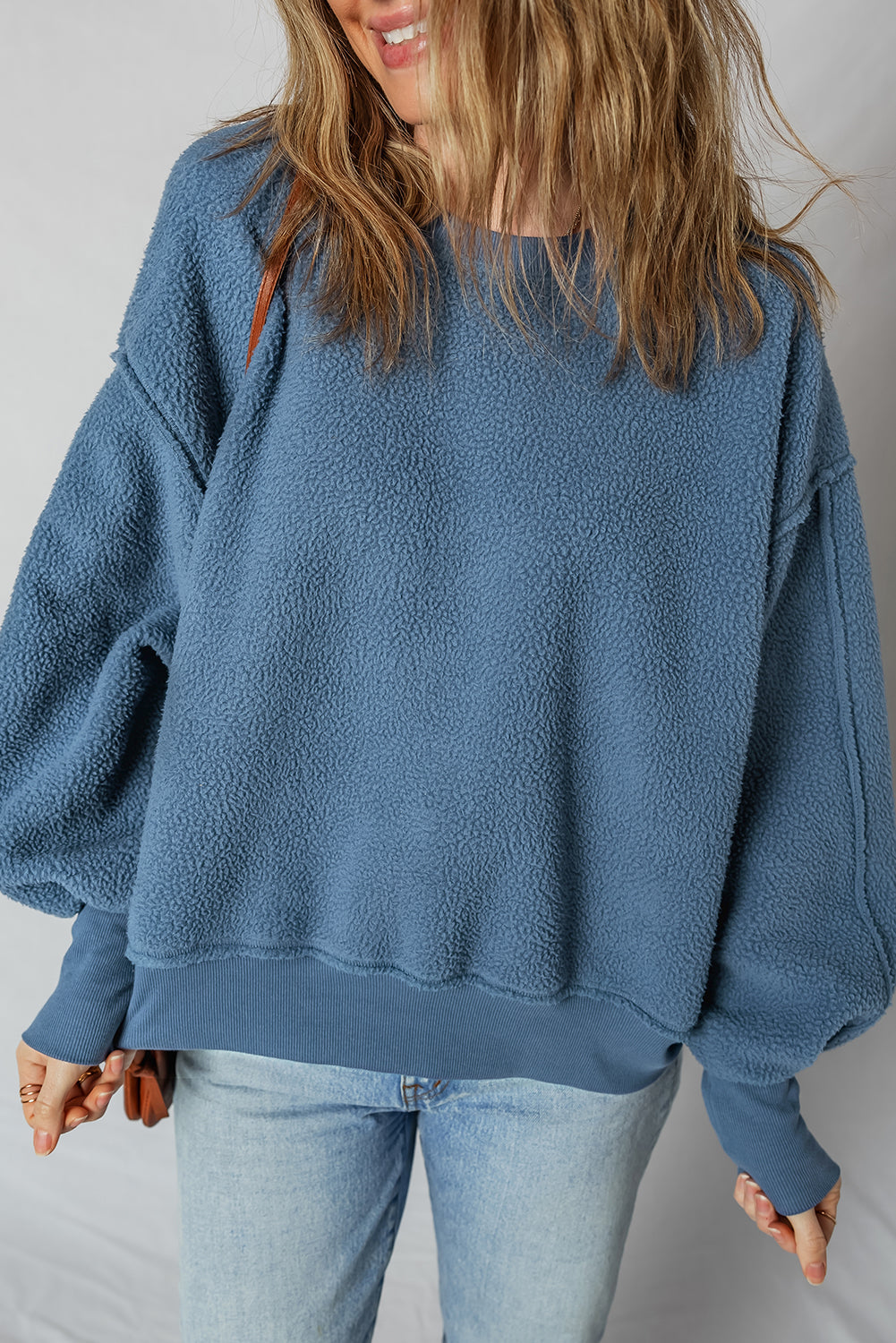Sail Blue Fleece Drop Shoulder Exposed Seam Patchwork Sweatshirt