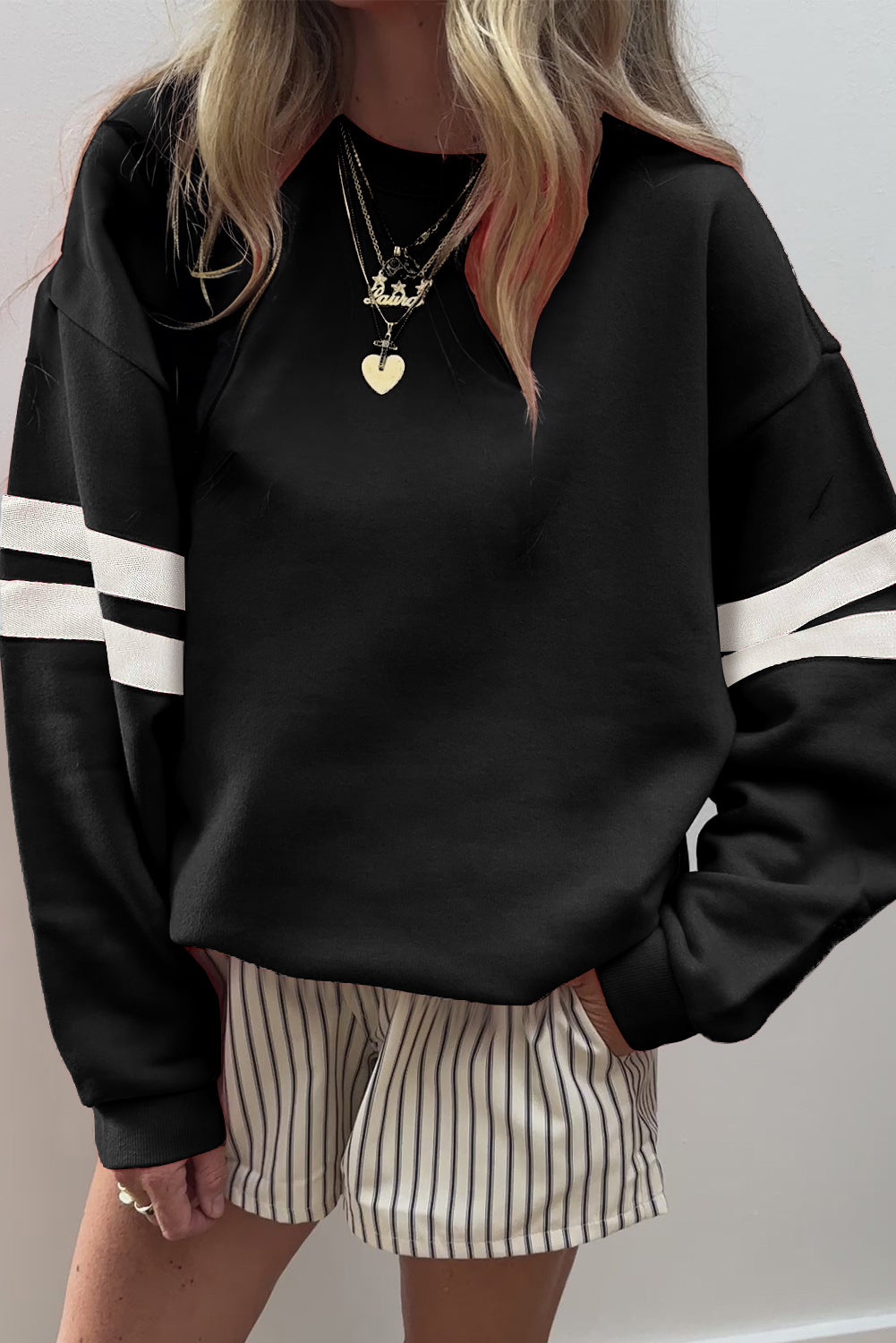 Evergreen Preppy Striped Sleeve Loose Sweatshirt