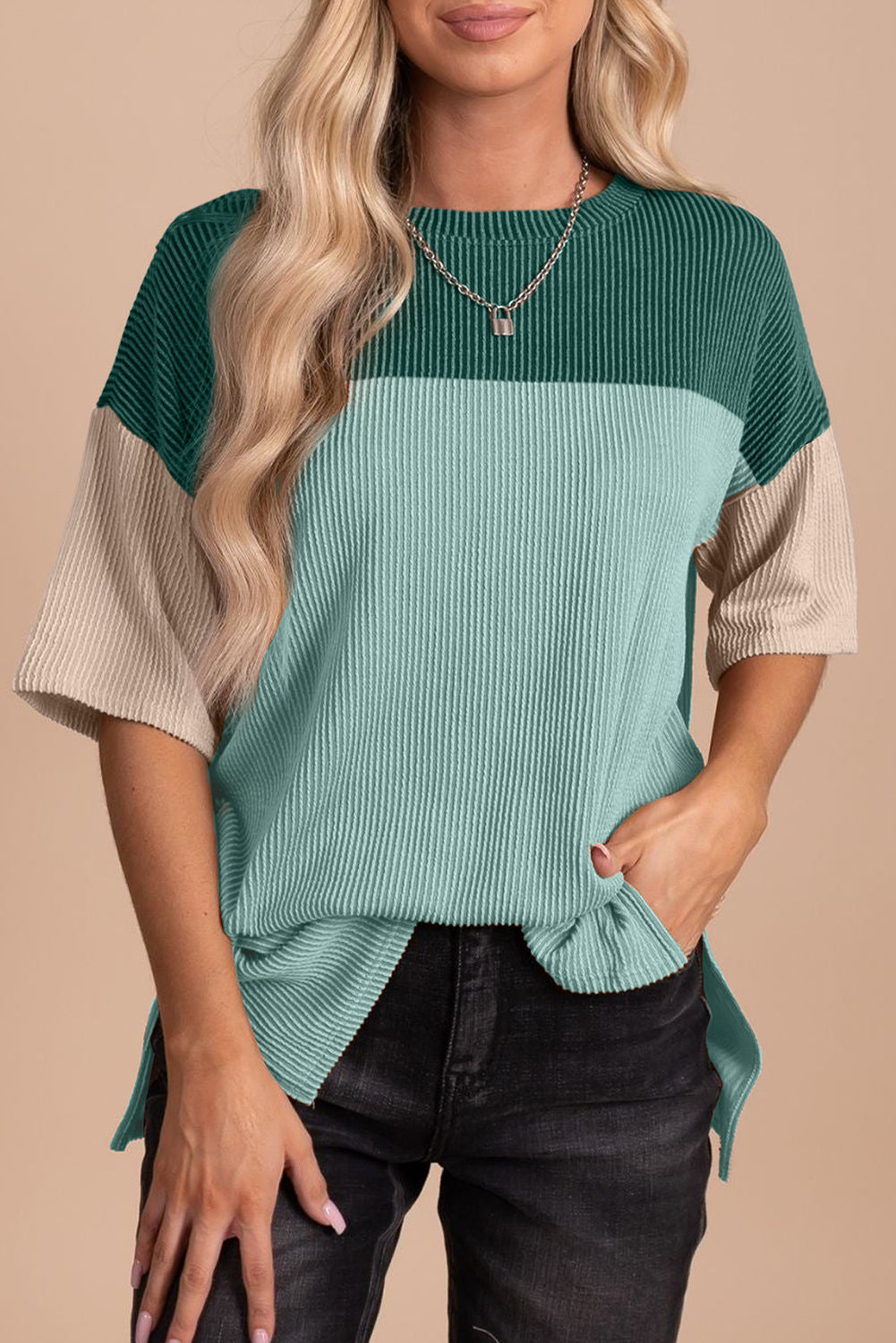 Black Color Block Ribbed Side Slits Half Sleeve Top