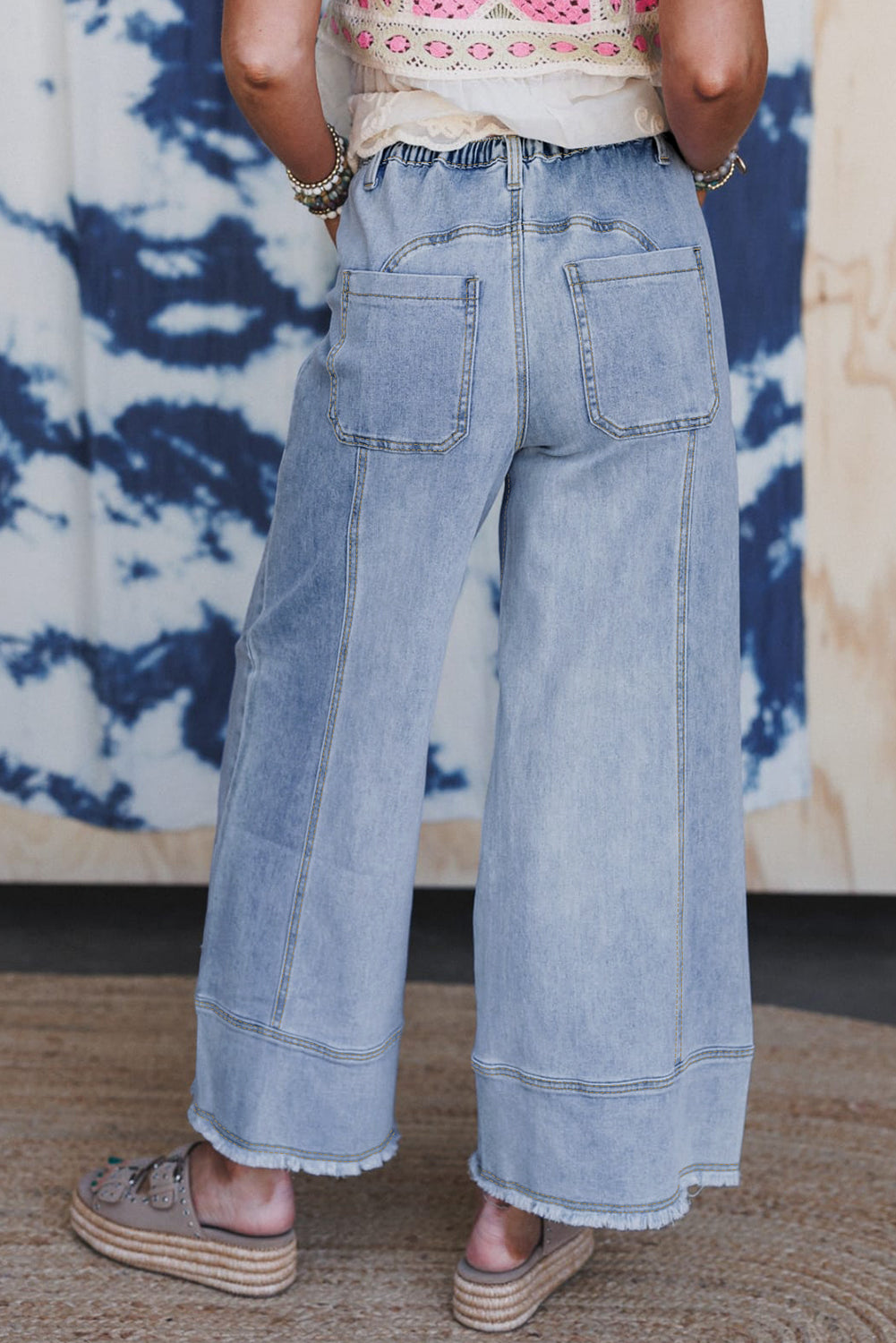 Beau Blue Drawstring Seam Detail Raw Hem Wide Leg Jeans