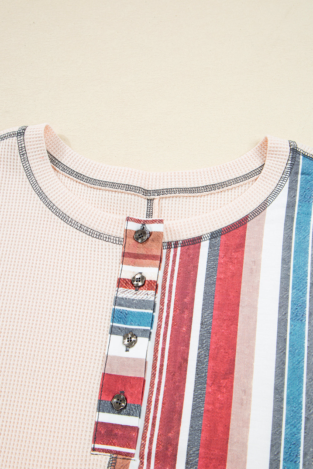 Beige Striped Waffle Patchwork Exposed Seam Raw Hem Knit Top