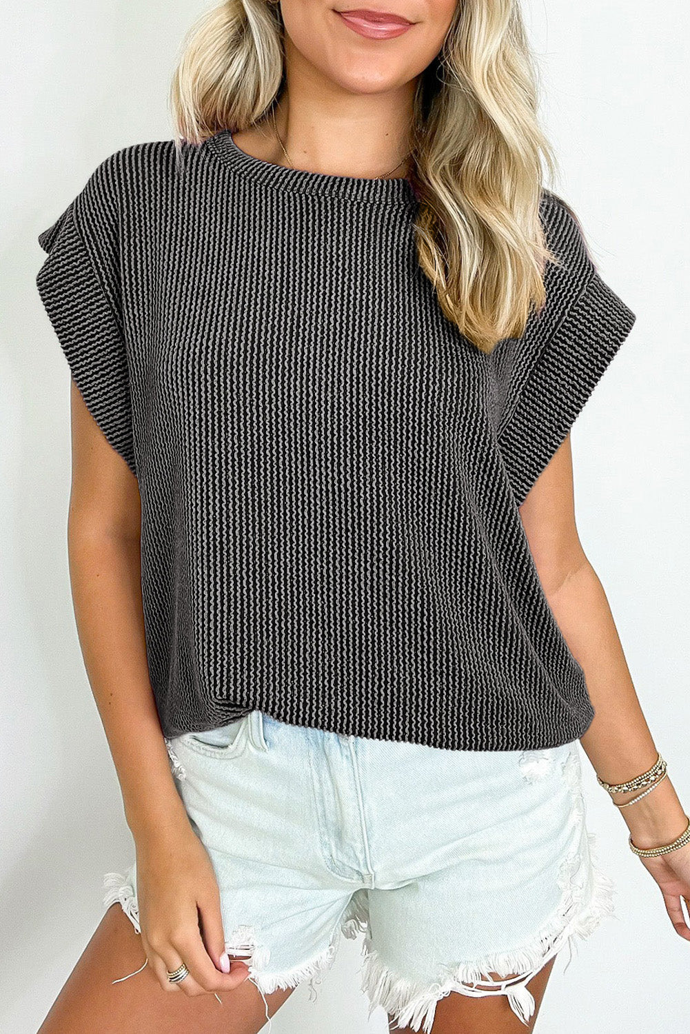 Gray Twisted Ribbed Textured Plain T Shirt