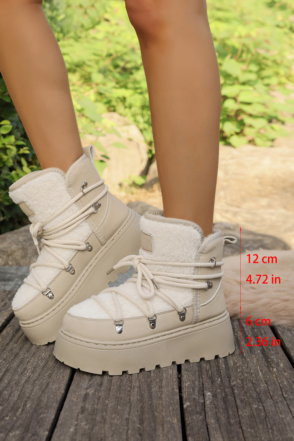 White Sherpa PU Leather Patchwork Lace-up Thick Bottom Snow Boots