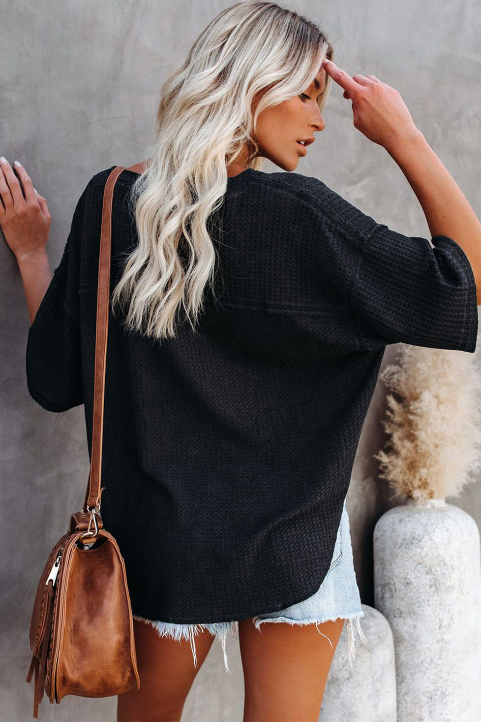 Black Exposed Seam Drop Sleeve V Neck Waffle Textured Top