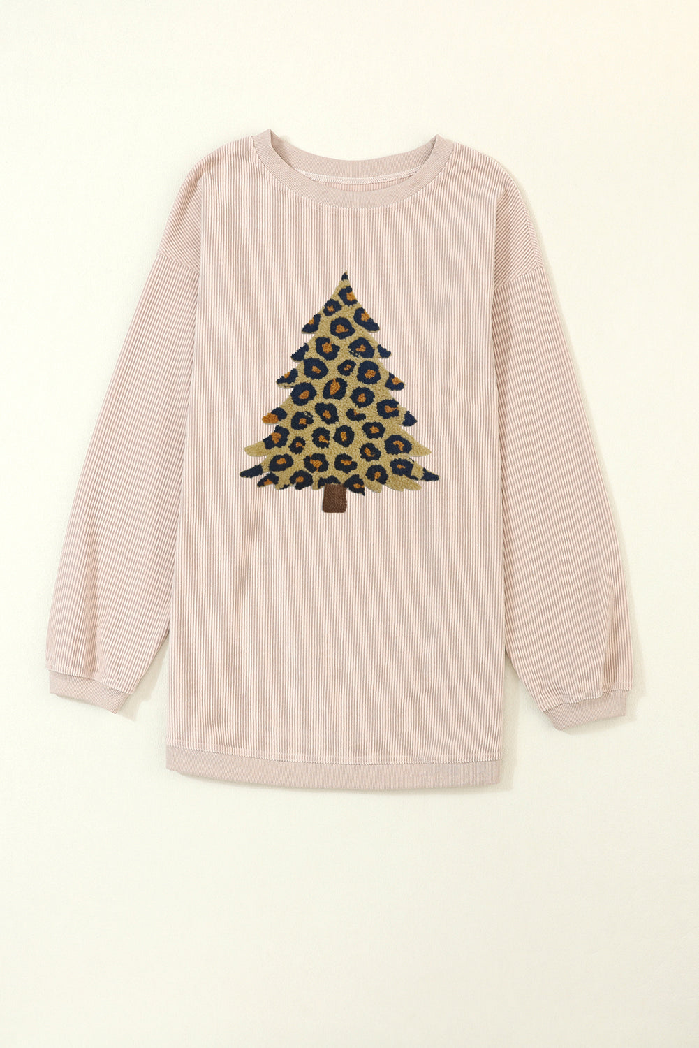 Apricot Leopard Christmas Tree Terry Flocking Corded Sweatshirt