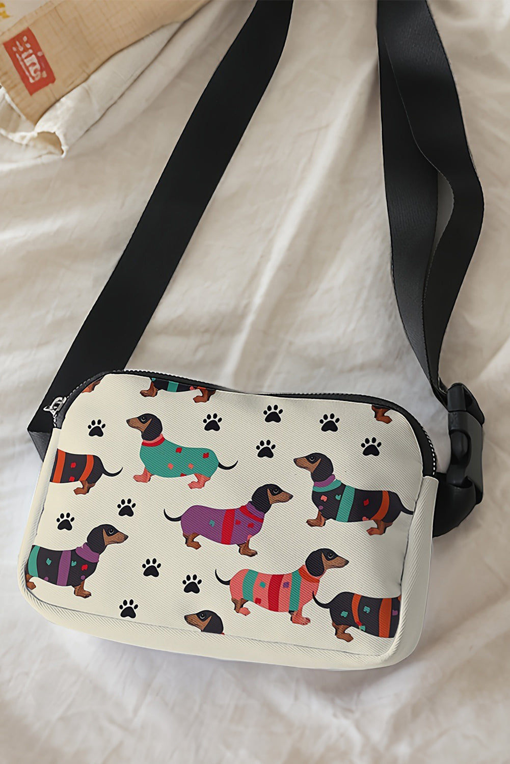 White Dachshund Walking Footprint Crossbody Bag