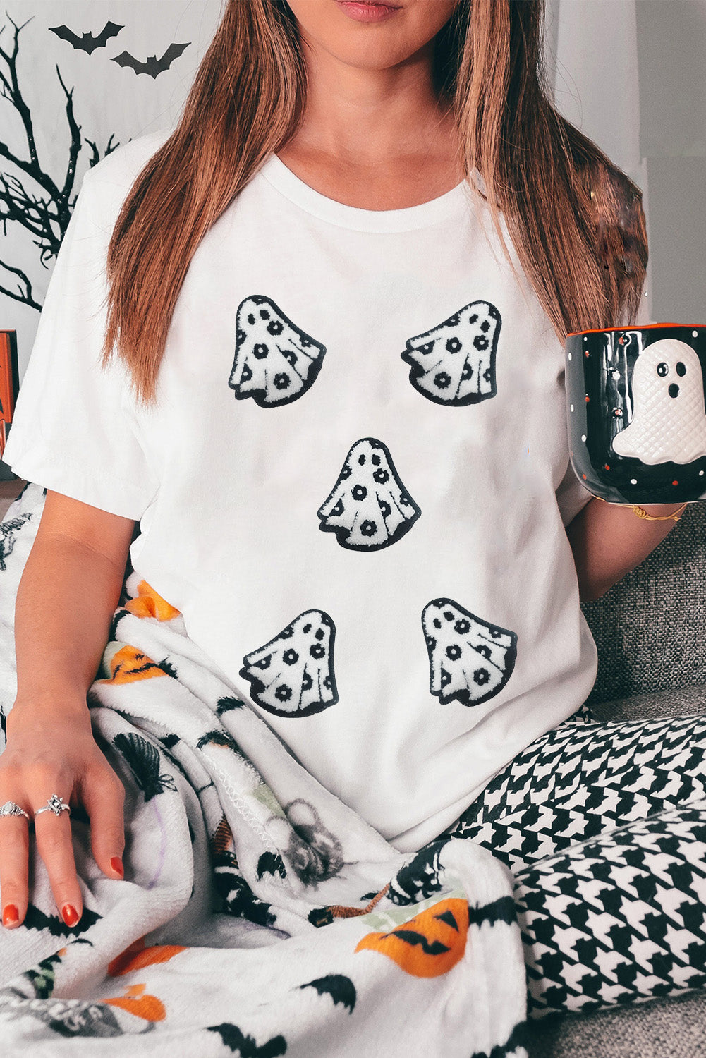 Black Halloween Playful Ghost Patched Cotton Blend T Shirt