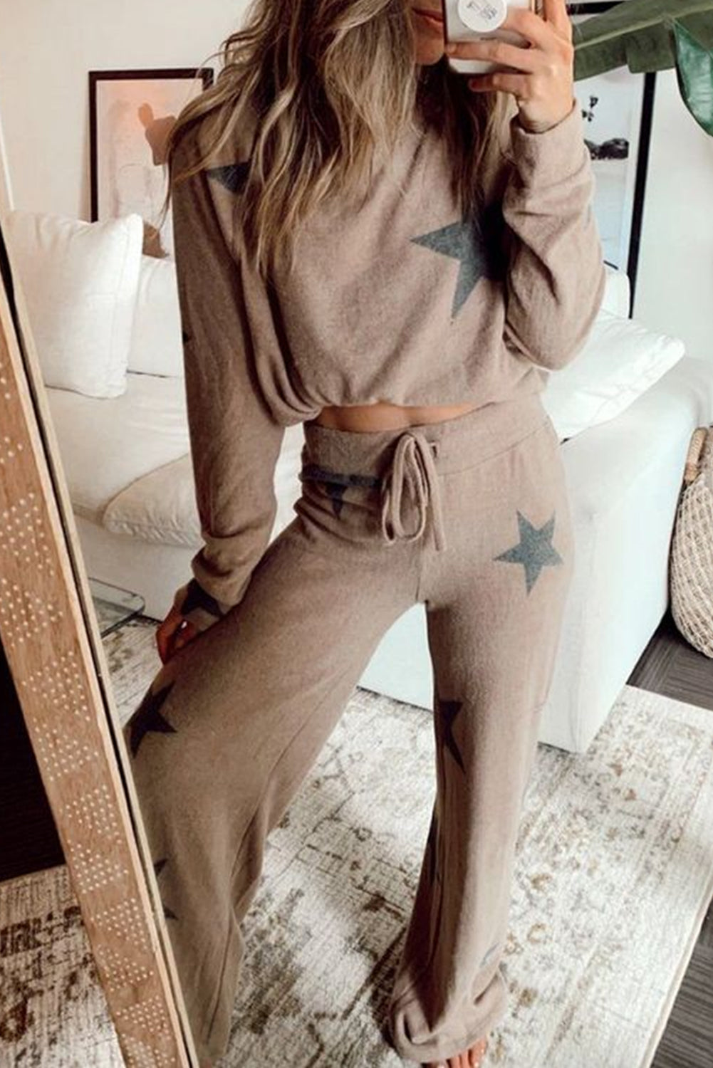 Khaki Retro Star Print Long Sleeve Pullover Drawstring Wide Leg Pajama Set