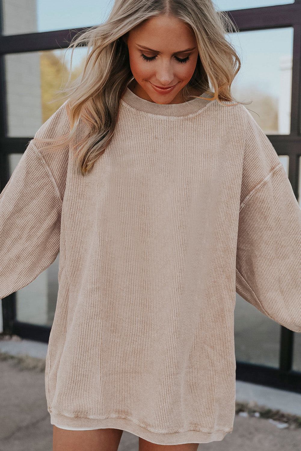 Dark Grey Drop Sleeve Rib Knit Oversized Sweatshirt