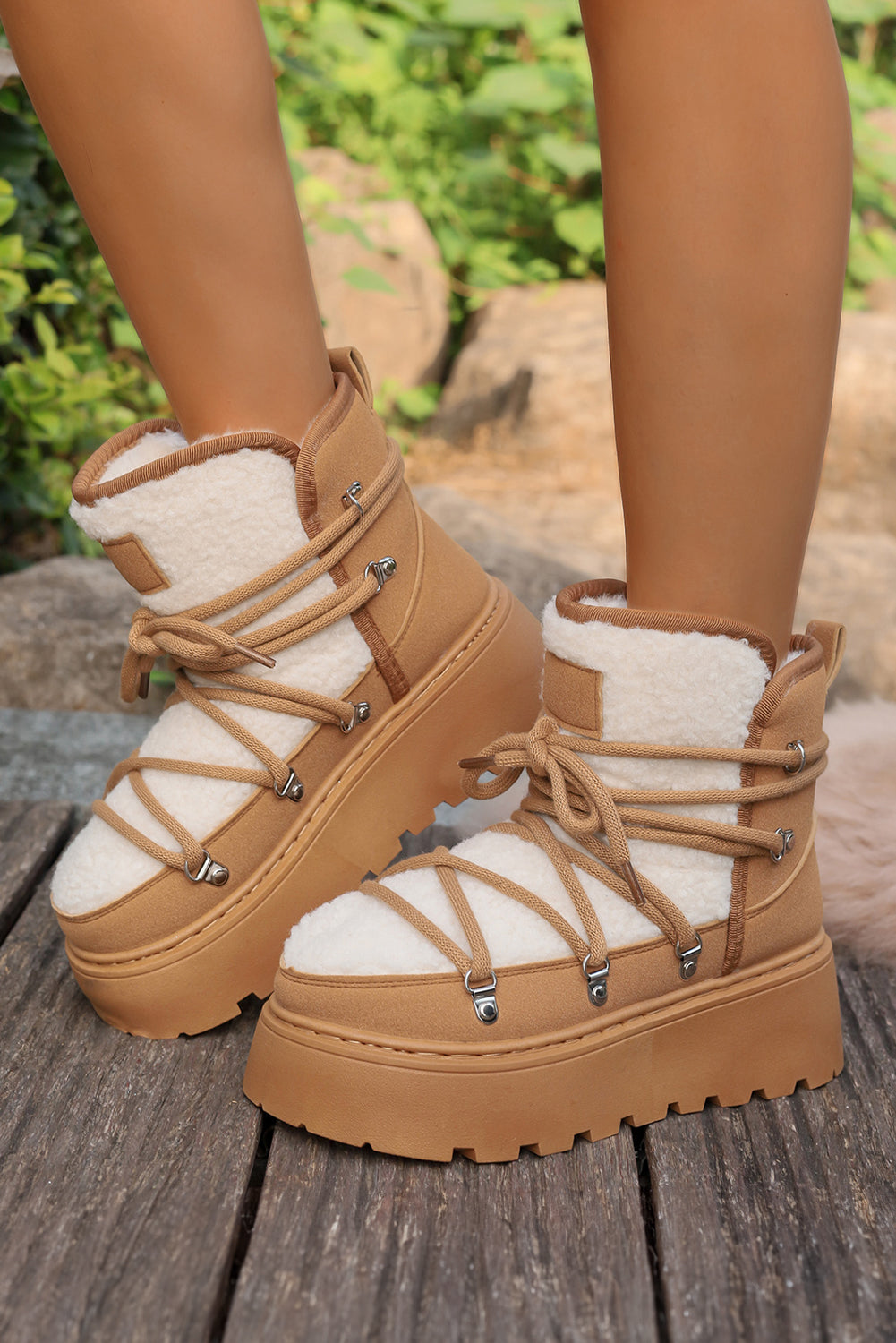 Camel Sherpa PU Leather Patchwork Lace-up Thick Bottom Snow Boots