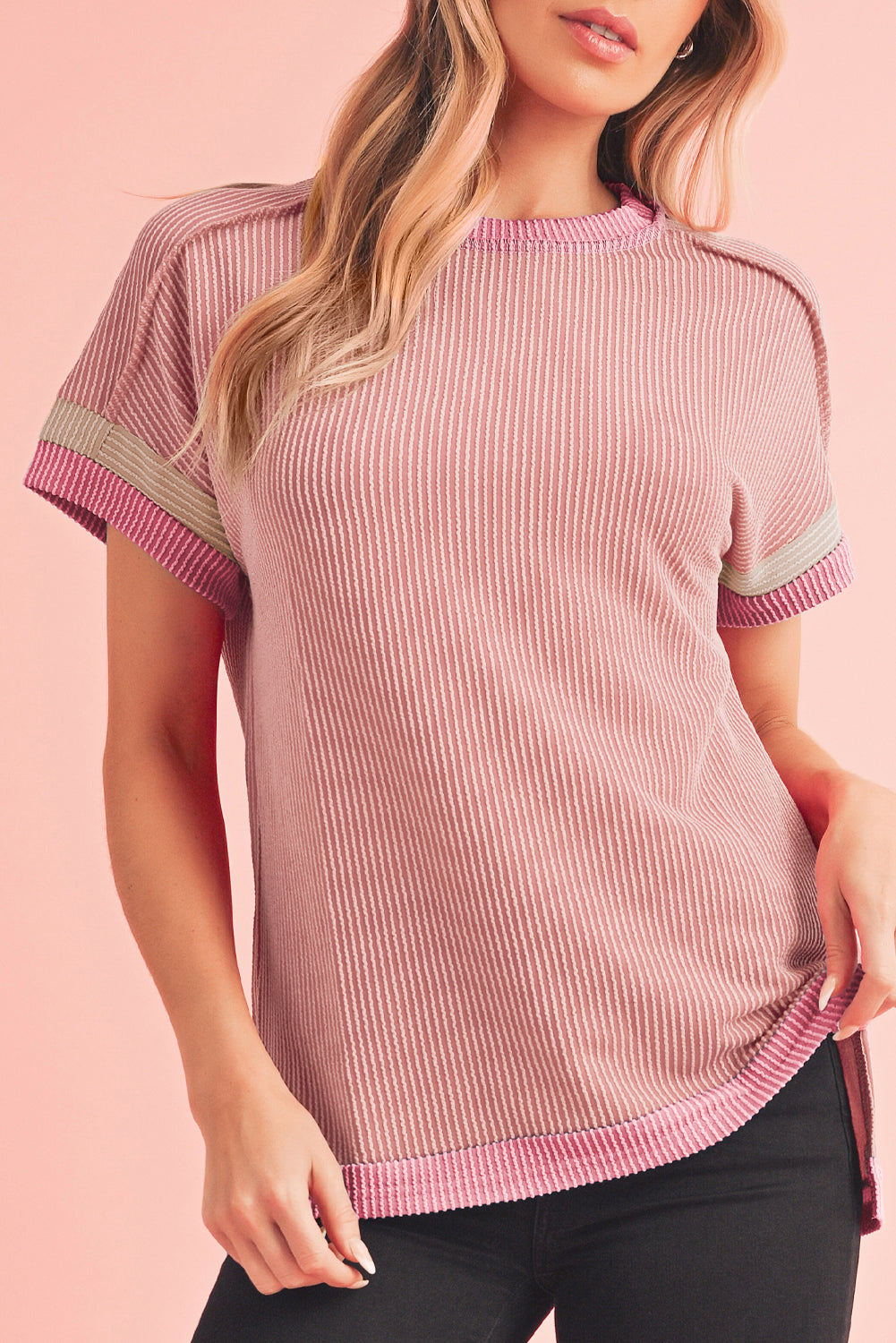 Sky Blue Textured Colorblock Round Neck T Shirt