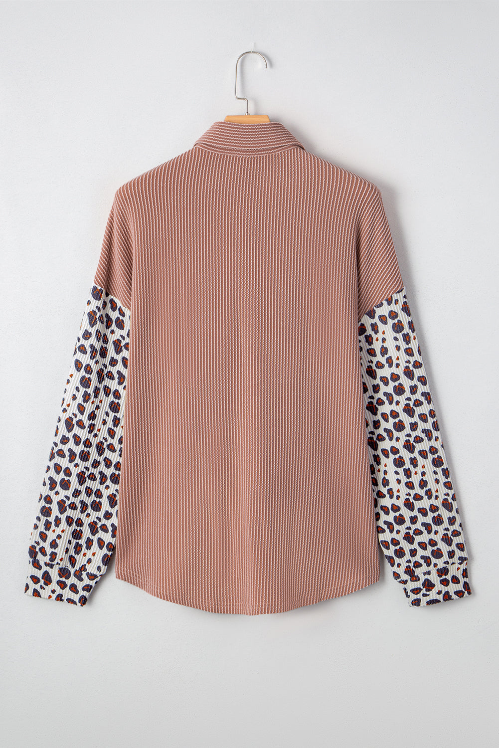 Dark Khaki Leopard Patchwork Twisted Ribbed Casual Shacket