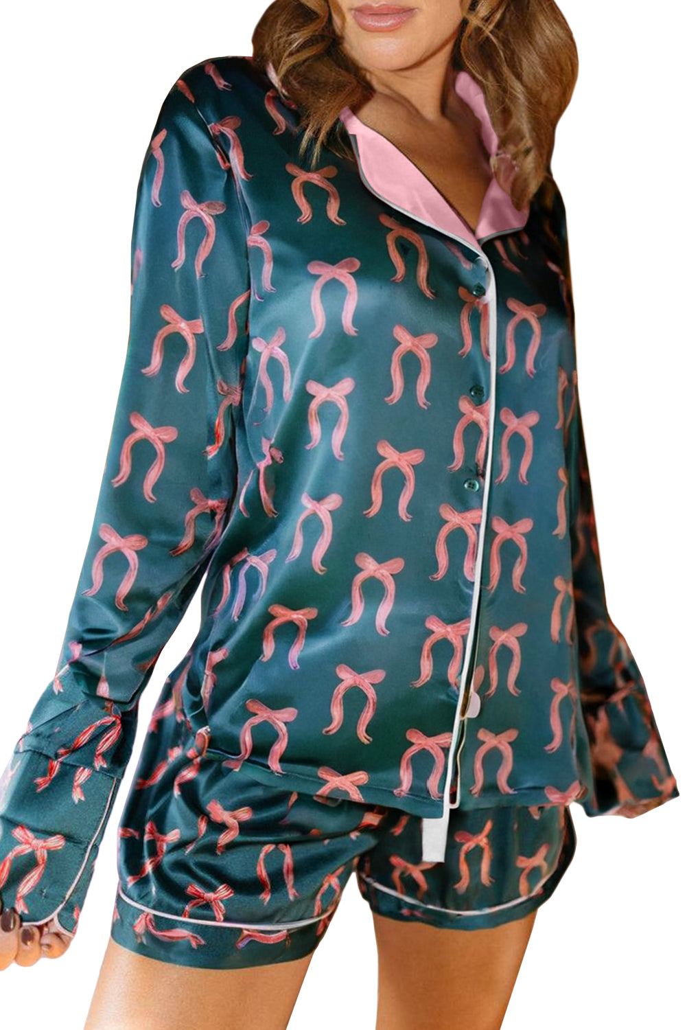 Green Ribbon Bow Print Silky Long Sleeve Shirt and Shorts 2pcs Pajama Set