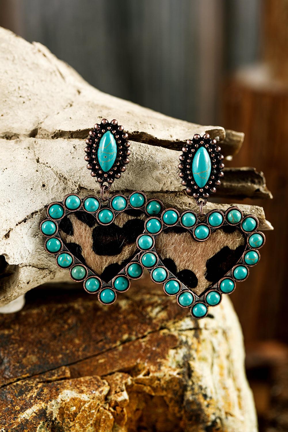 Turquoise Leopard Print Heart Shape Dangle Earrings