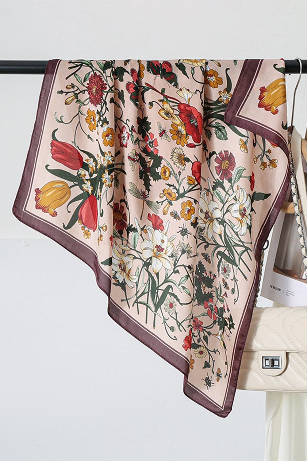 Apricot Pink Lightweight Retro Floral Print Square Scarf