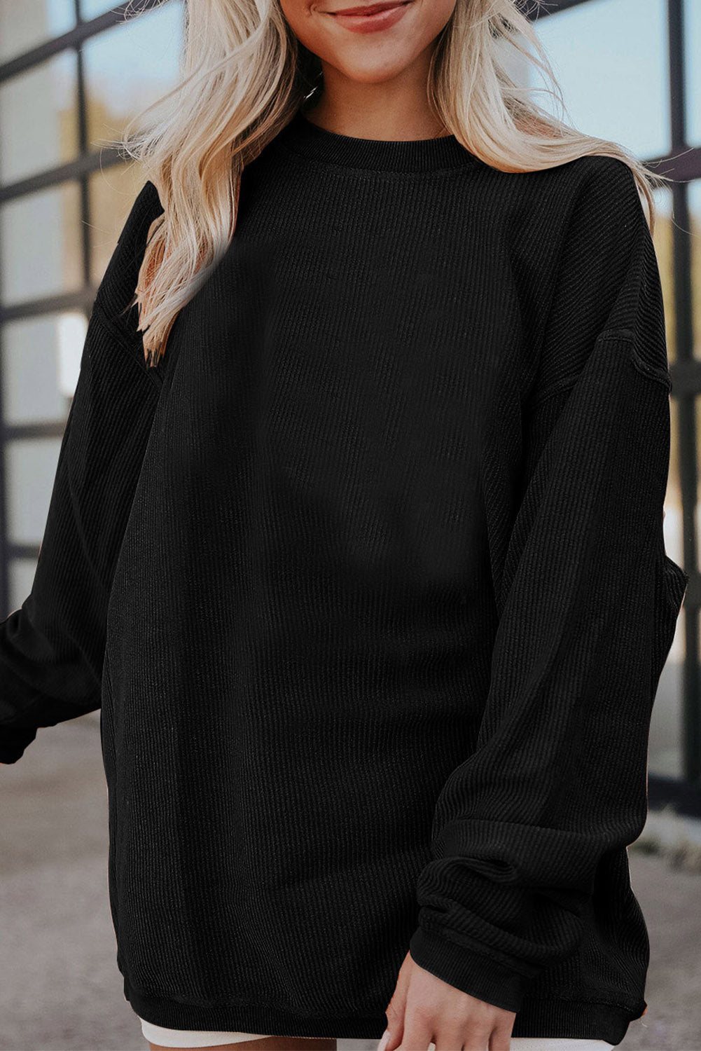 Dark Grey Drop Sleeve Rib Knit Oversized Sweatshirt