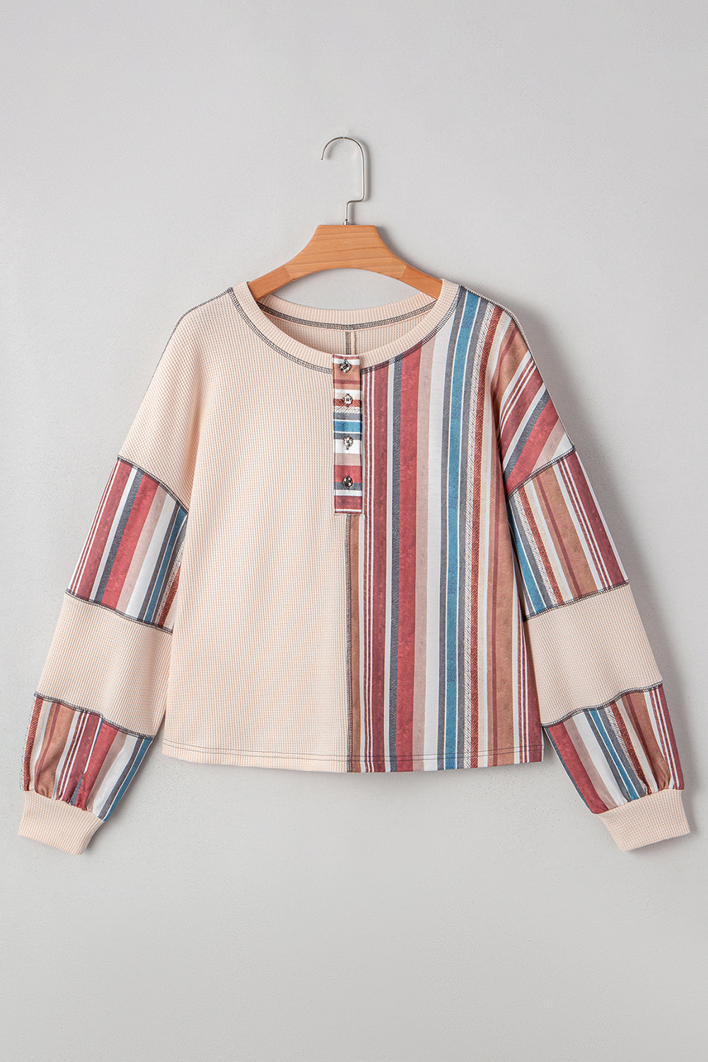 Beige Striped Waffle Patchwork Exposed Seam Raw Hem Knit Top
