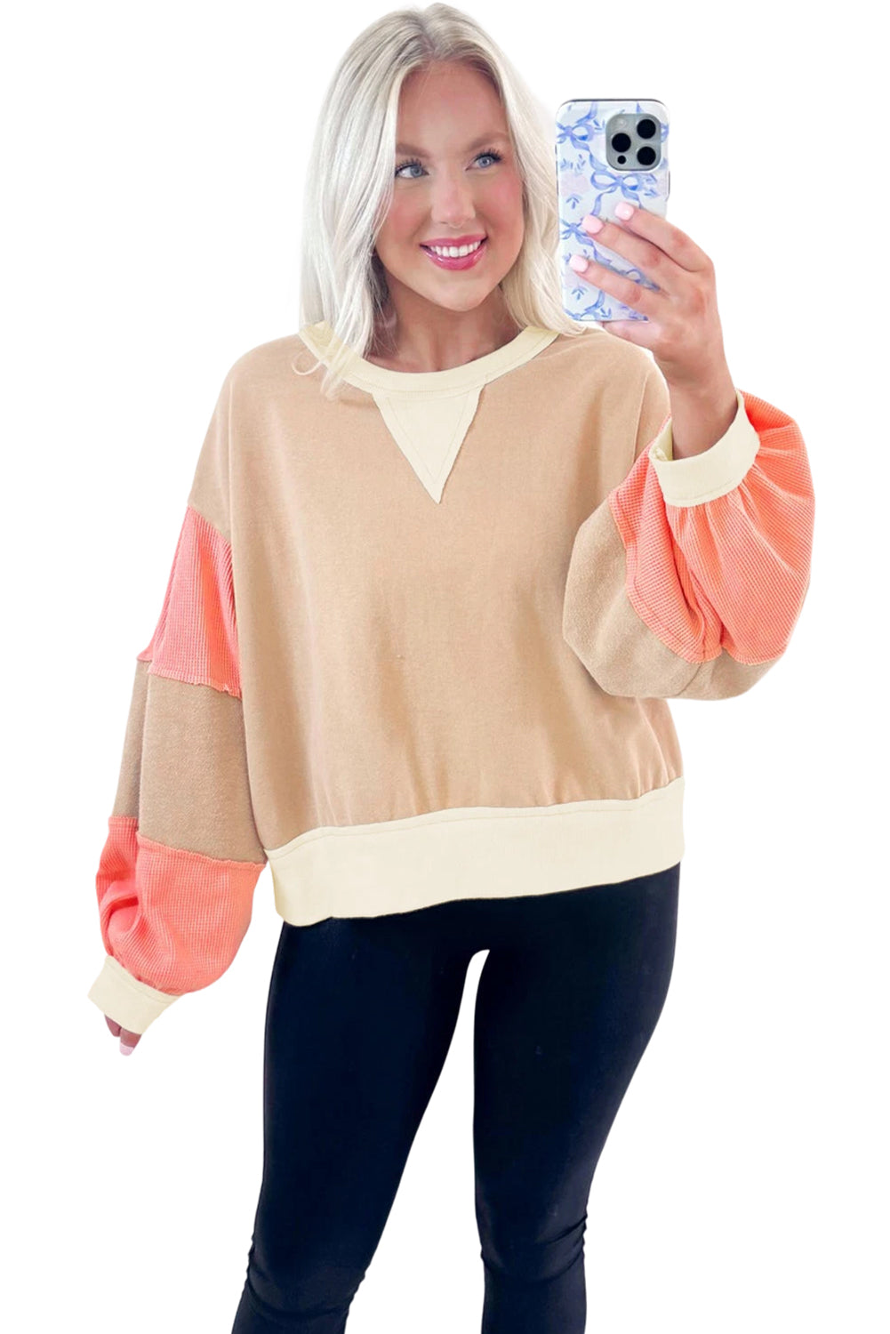 Light French Beige Waffle Textured Patchwork Pullover Sweatshirt