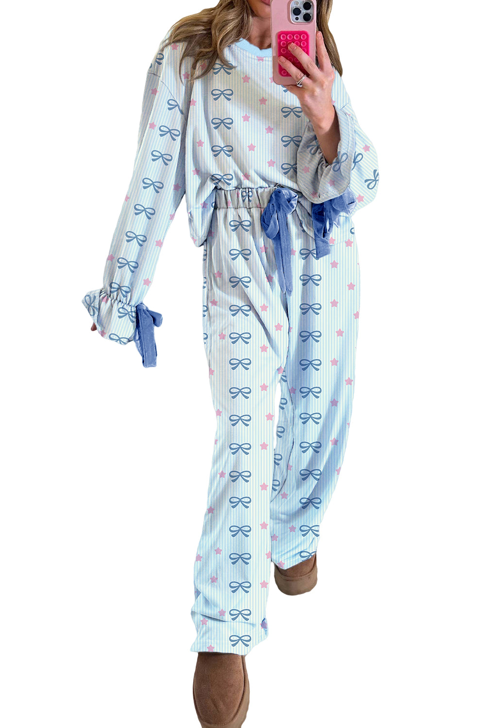 Sky Blue Stripe Bow Star Print Tied Detail 2pcs Lounge Set