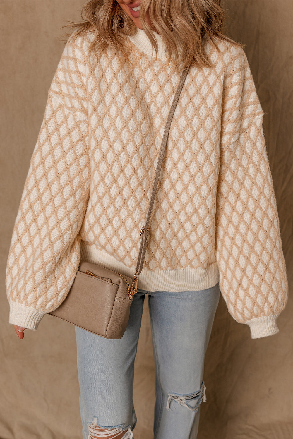 Smoke Gray Checkered Textured Knit Mock Neck Sweater