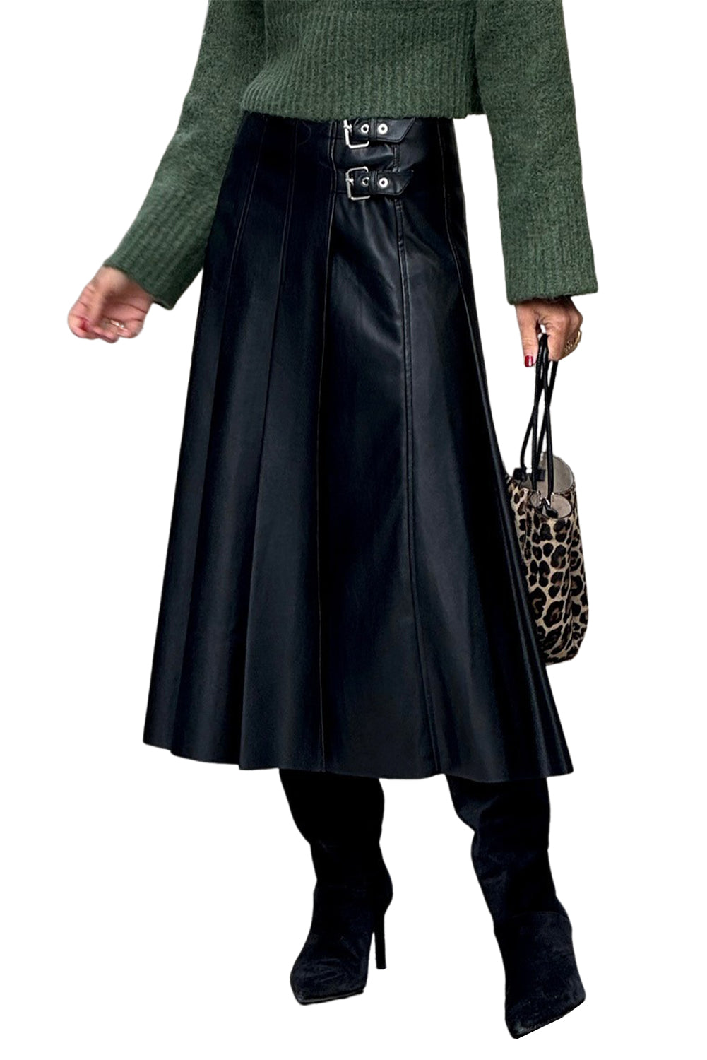 Black Faux Leather Retro Buckle Detail Pleated Stitch Flared Midi Skirt