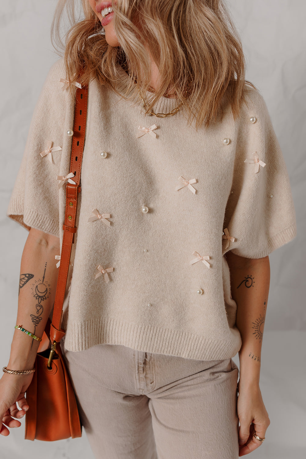 Oatmeal Pearl Bow Embellished Dolman Short Sleeve Sweater
