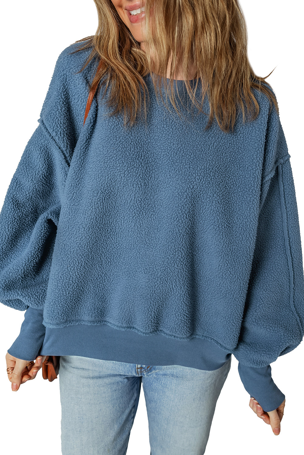 Sail Blue Fleece Drop Shoulder Exposed Seam Patchwork Sweatshirt