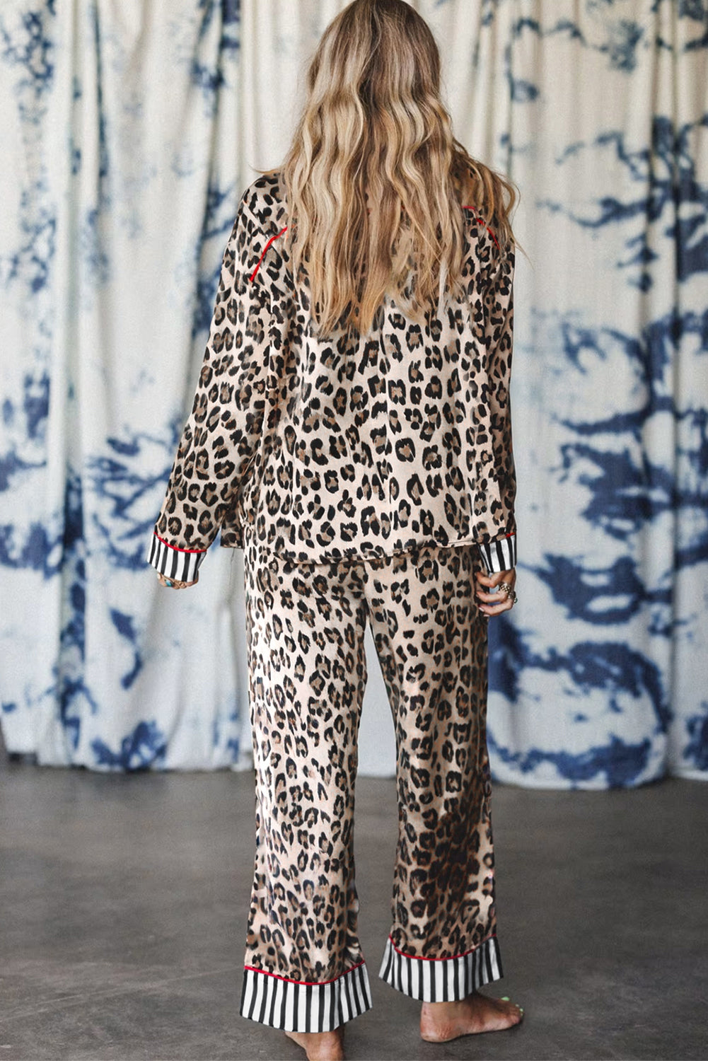 Khaki Leopard Print Colorblock Striped Patchwork Shirt and Pants Pajama Set