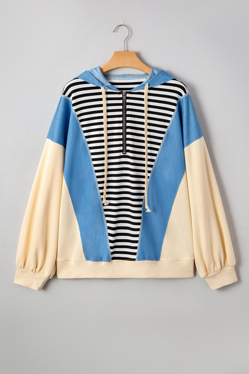 Black Stripe Denim Color Block Quarter Zip Baggy Drawstring Hoodie