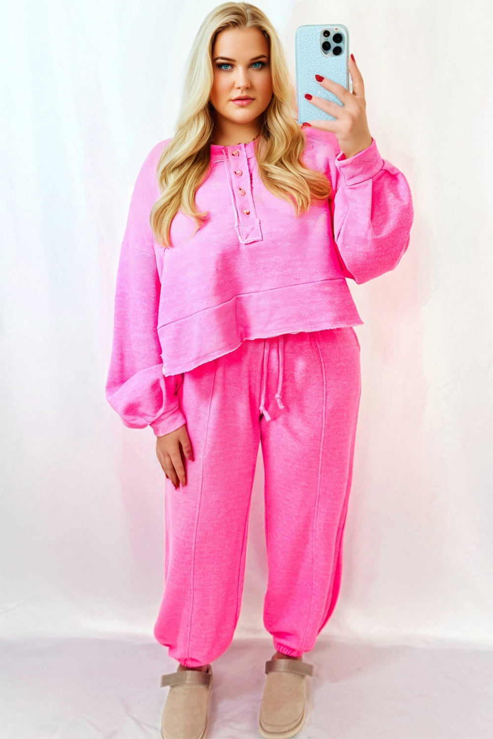 Bright Pink Plus Size Henley Pullover and Jogger Pants Two Piece Set