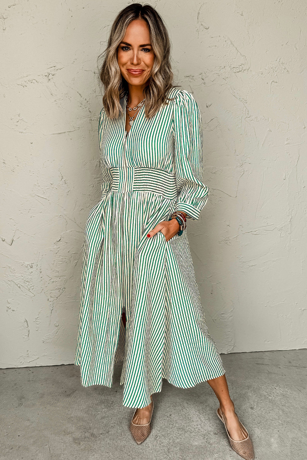 Green Striped V Neck Zip Front Cinched High Waist Midi Dress