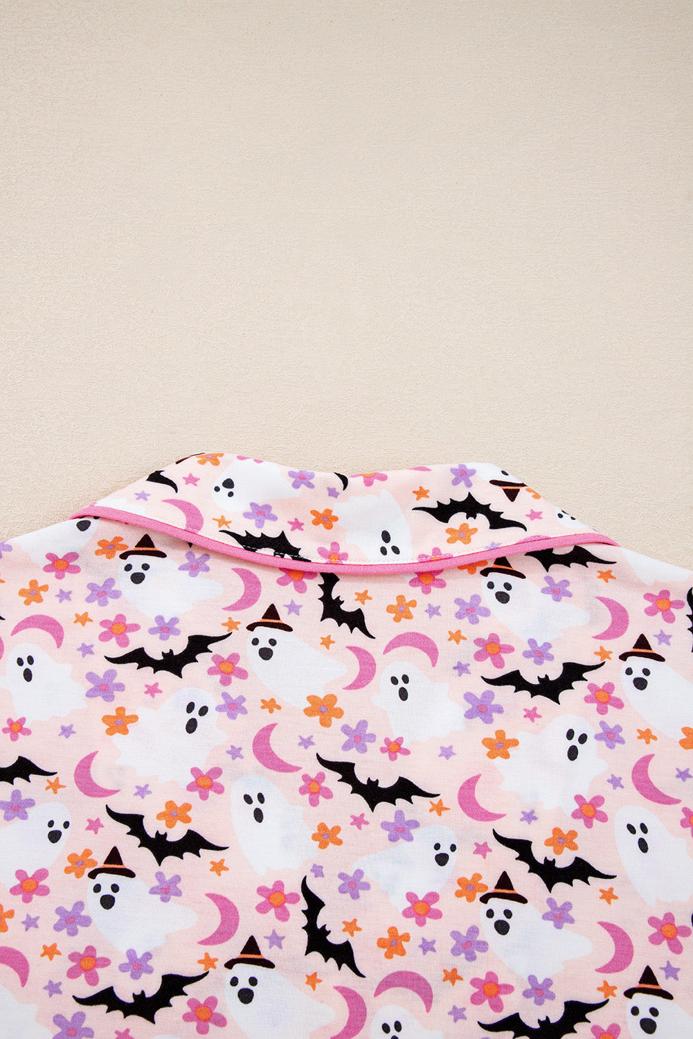 Pink Cute Floral Halloween Ghost Print Long Pajama Set