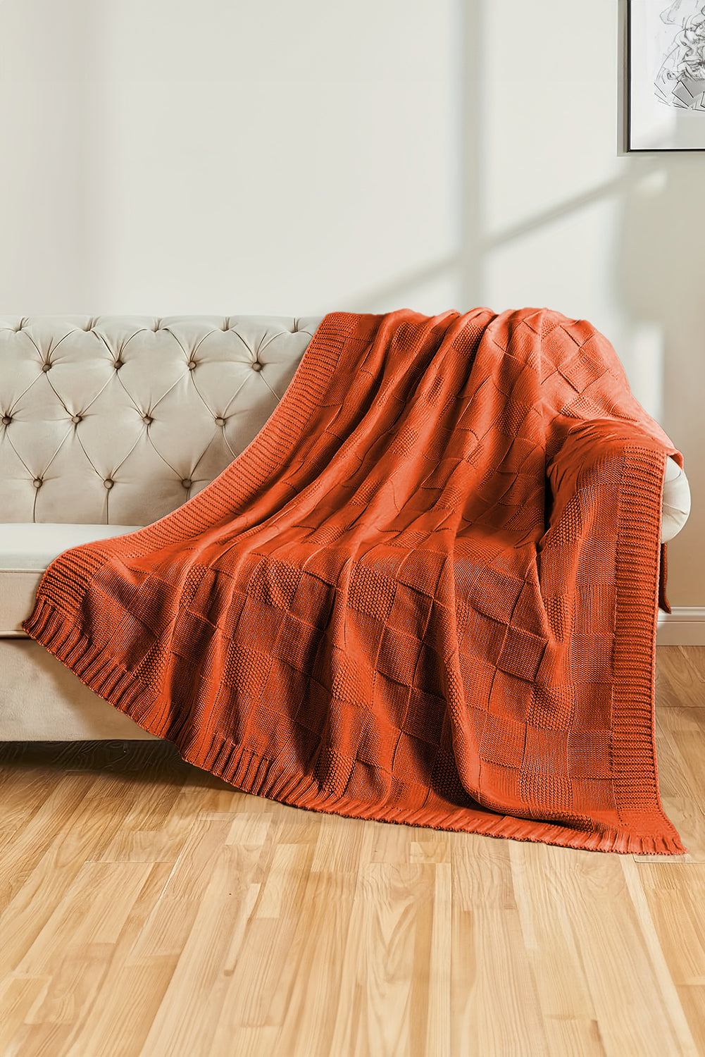 Orange Checkered Soft Knit Throw Blanket