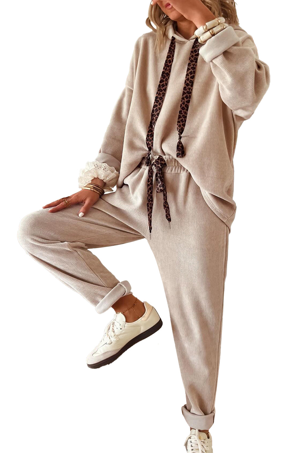 Parchment Drawstring Pullover Hoodie and High Waist Pants Corduroy Suit