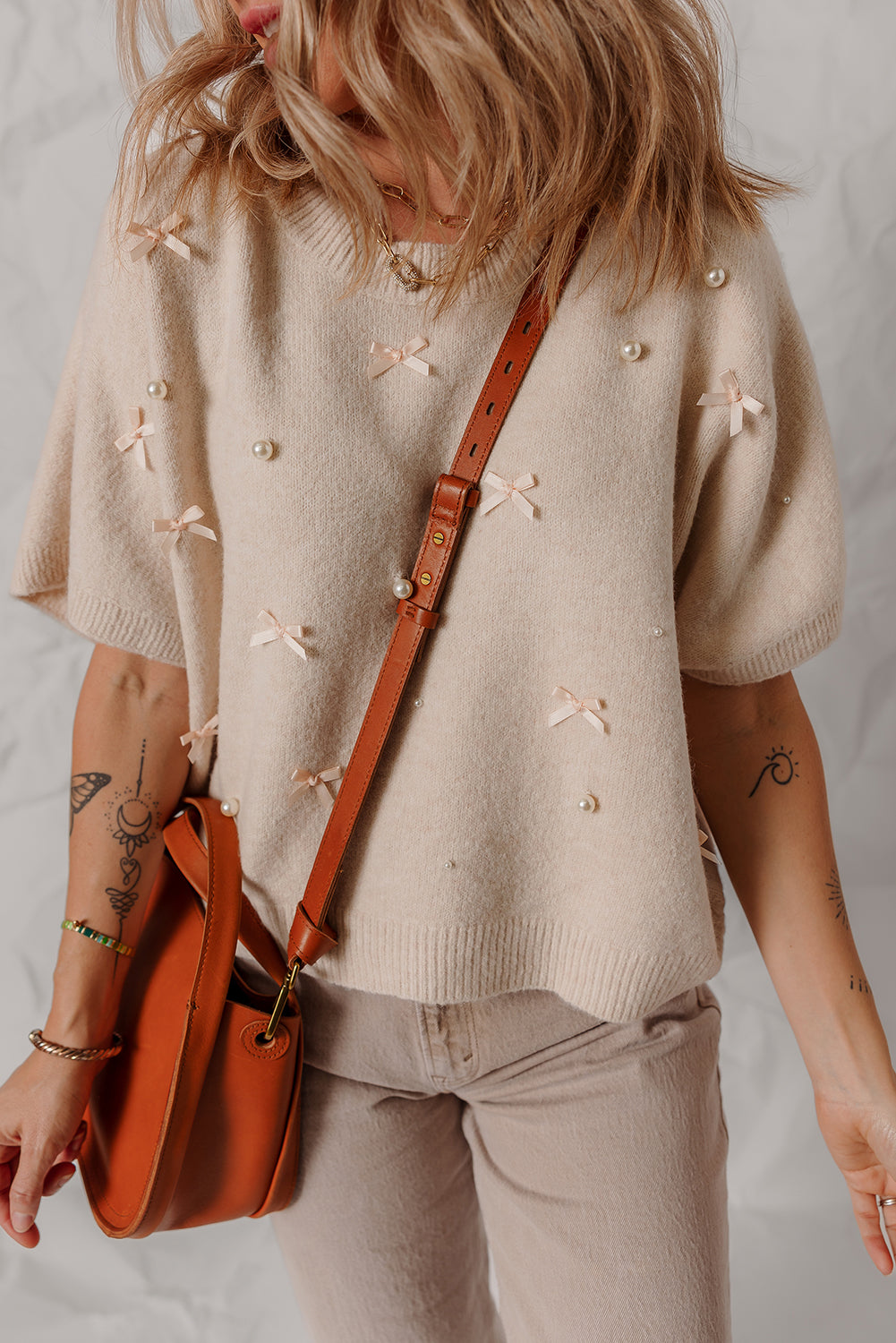 Oatmeal Pearl Bow Embellished Dolman Short Sleeve Sweater