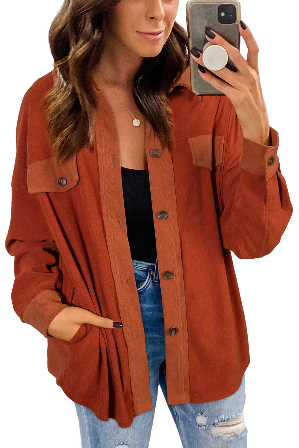 Gold Flame Velvet Flap Pockets Drop Shoulder Casual Shacket