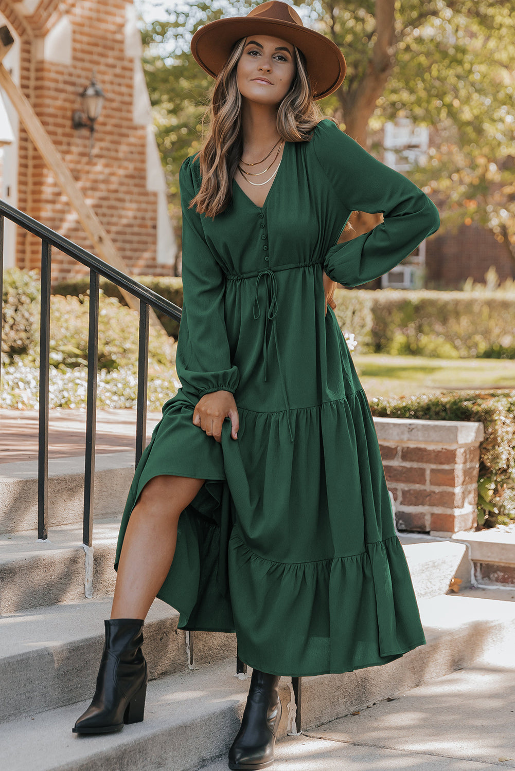 Burgundy Solid Long Sleeve Button V Neck Tiered Maxi Dress