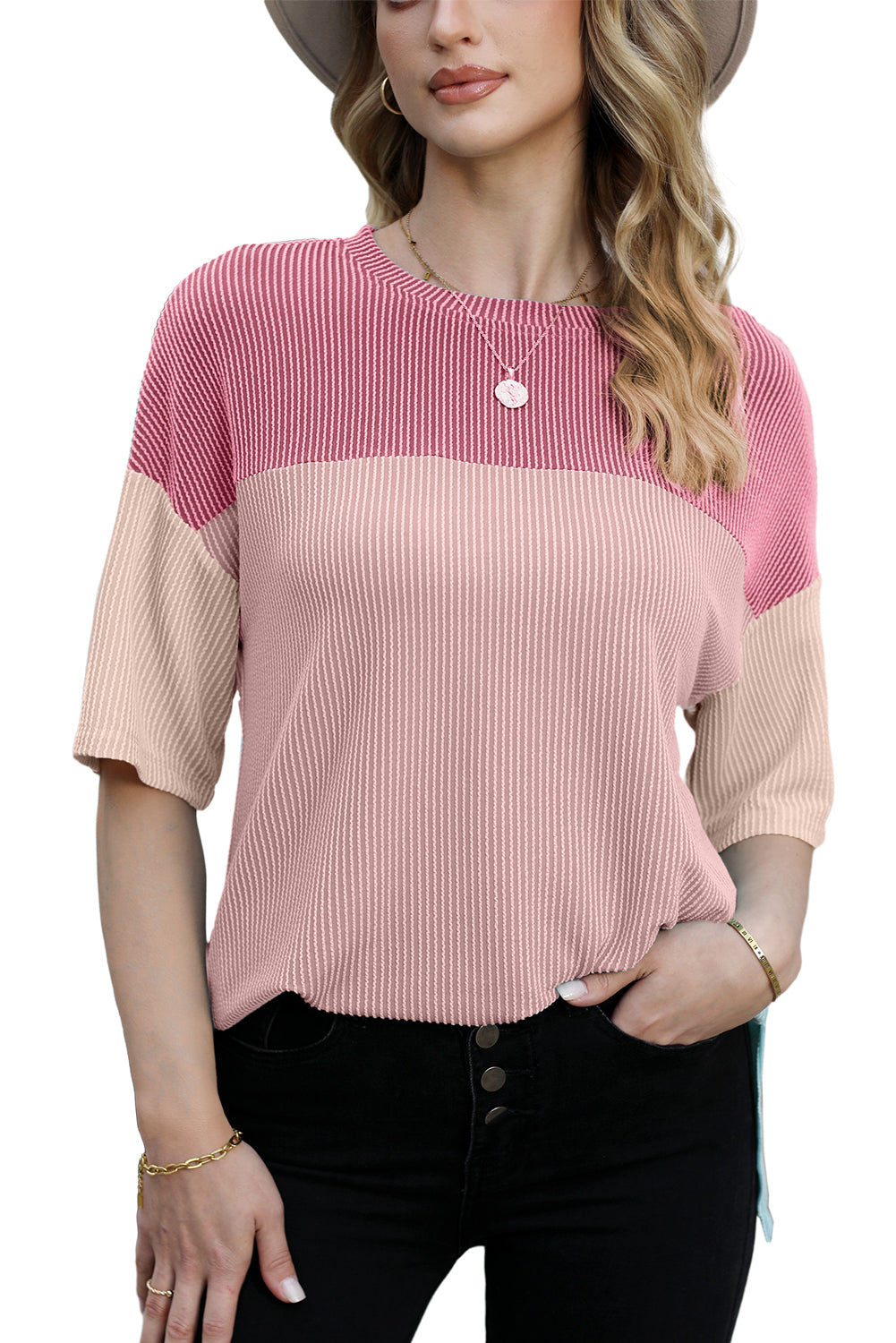 Black Color Block Ribbed Side Slits Half Sleeve Top
