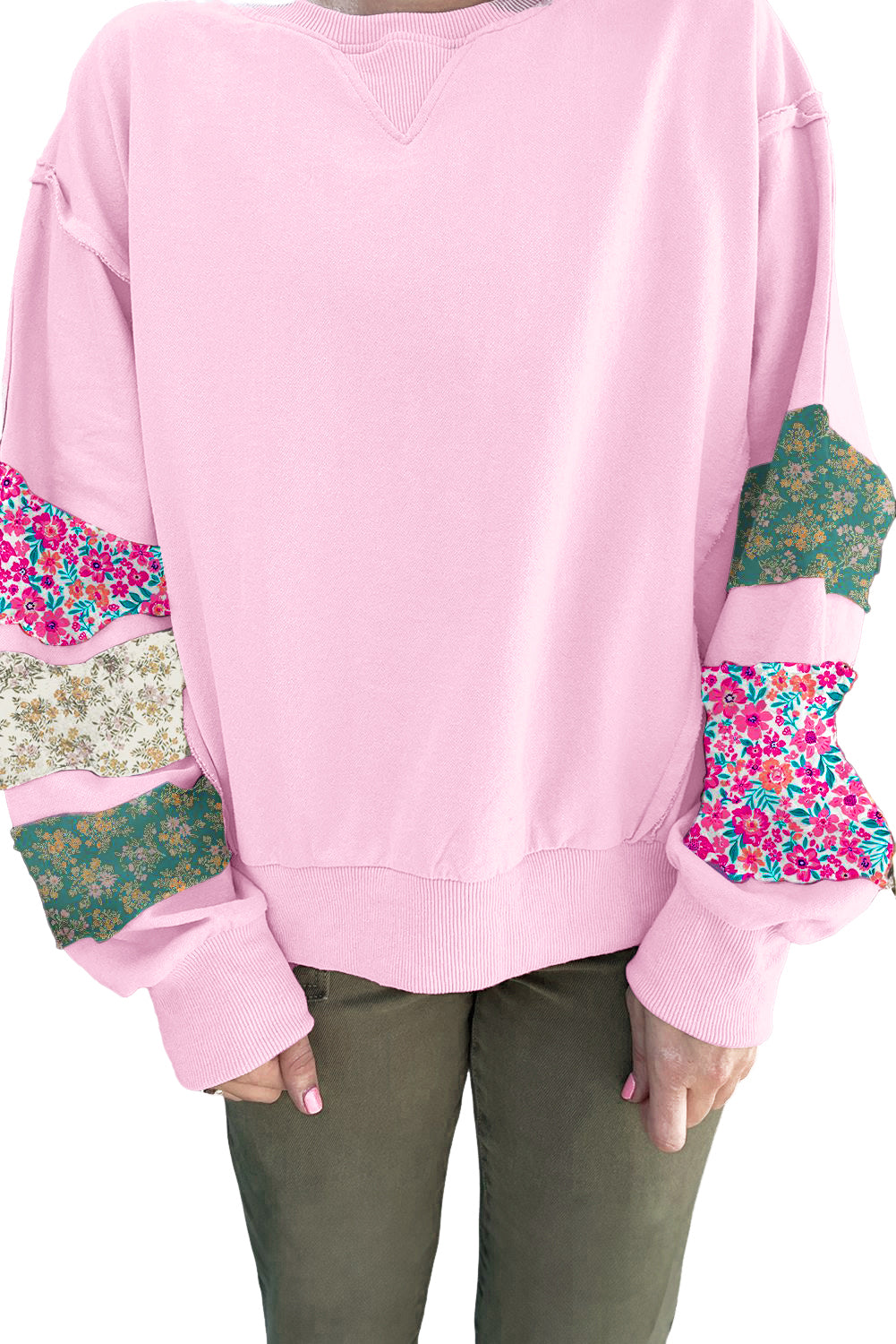 Pink Plus Size Mix Floral Patched Sleeve Ribbed Trim Baggy Sweatshirt
