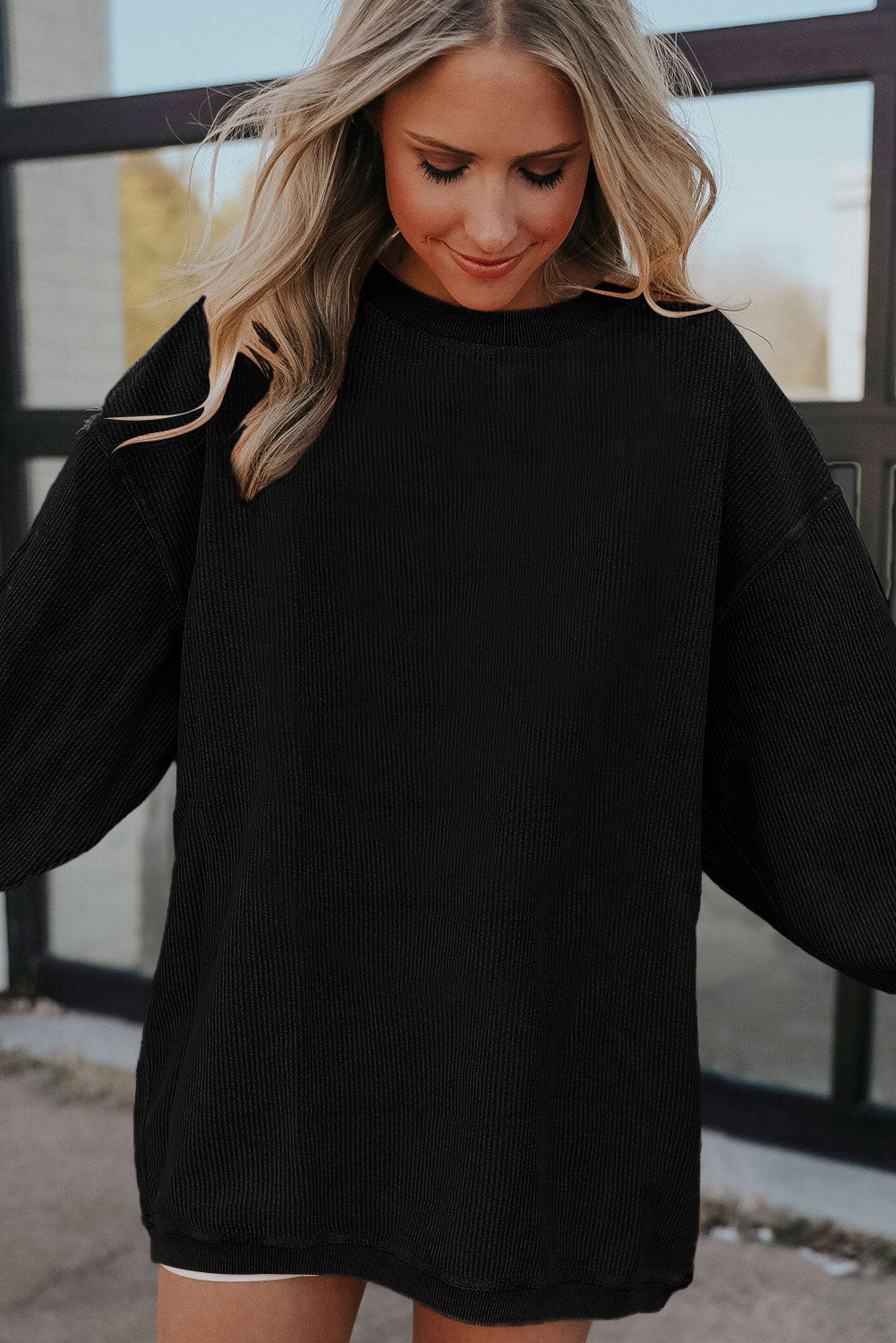 Dark Grey Drop Sleeve Rib Knit Oversized Sweatshirt