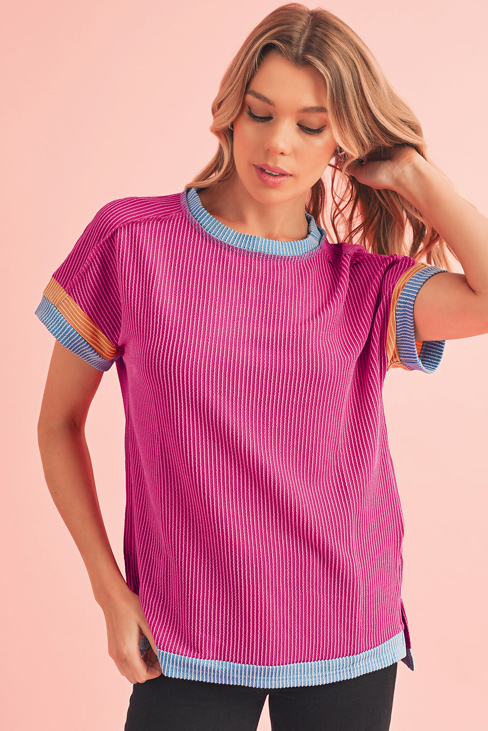 Sky Blue Textured Colorblock Round Neck T Shirt