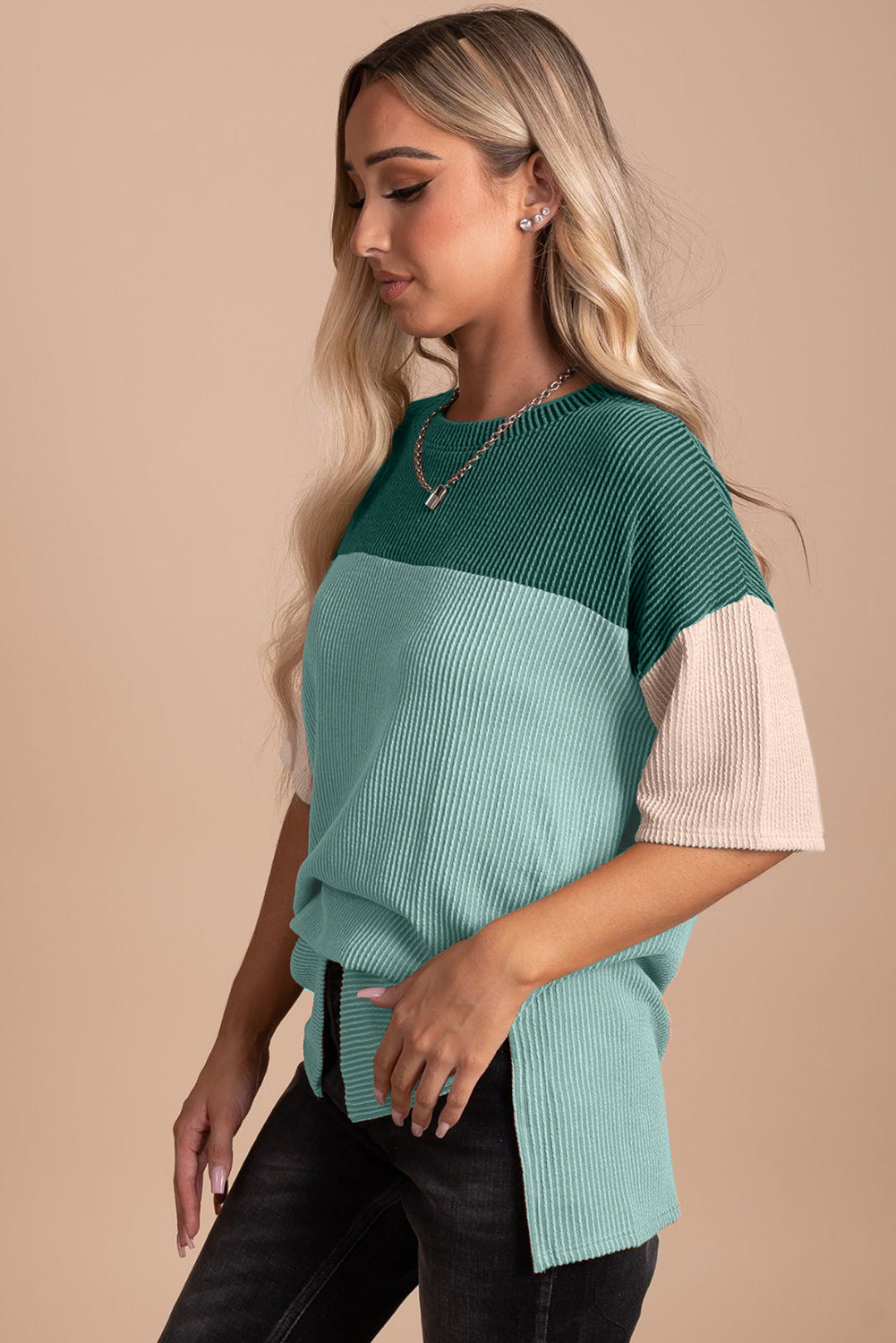 Black Color Block Ribbed Side Slits Half Sleeve Top