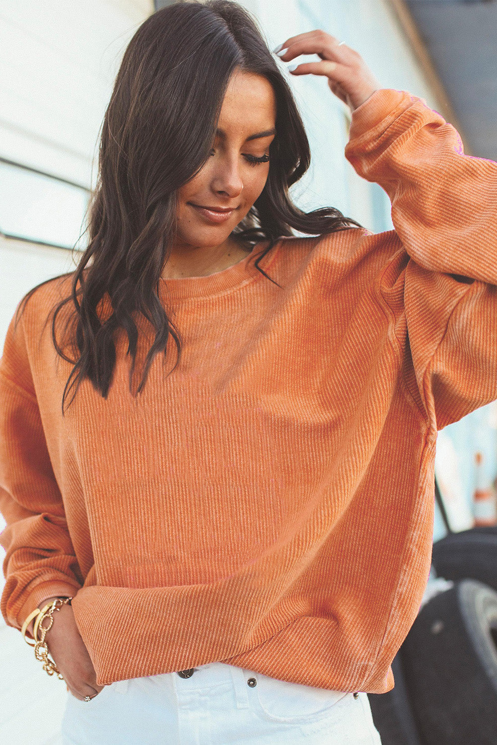 Dark Grey Drop Sleeve Rib Knit Oversized Sweatshirt