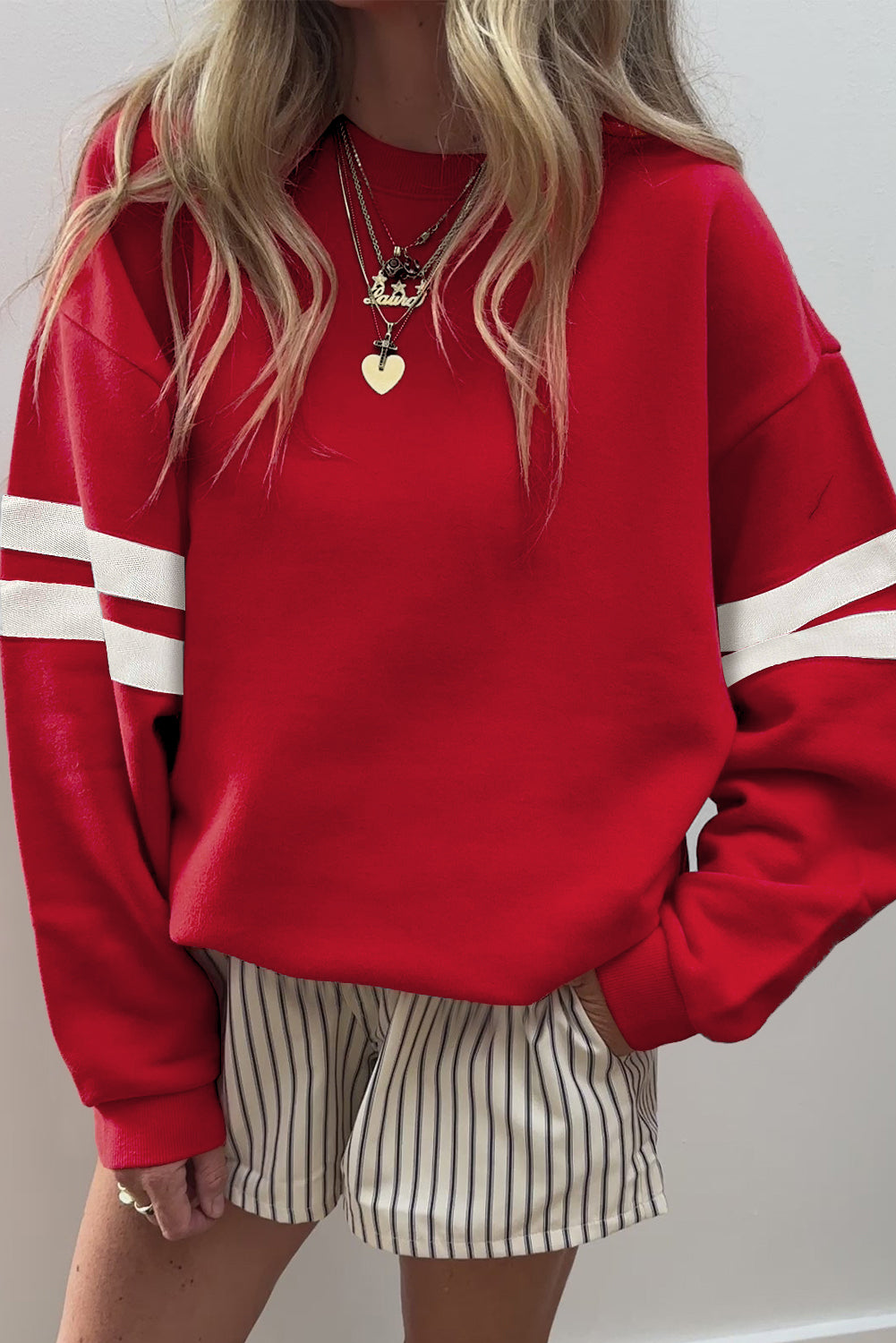 Evergreen Preppy Striped Sleeve Loose Sweatshirt