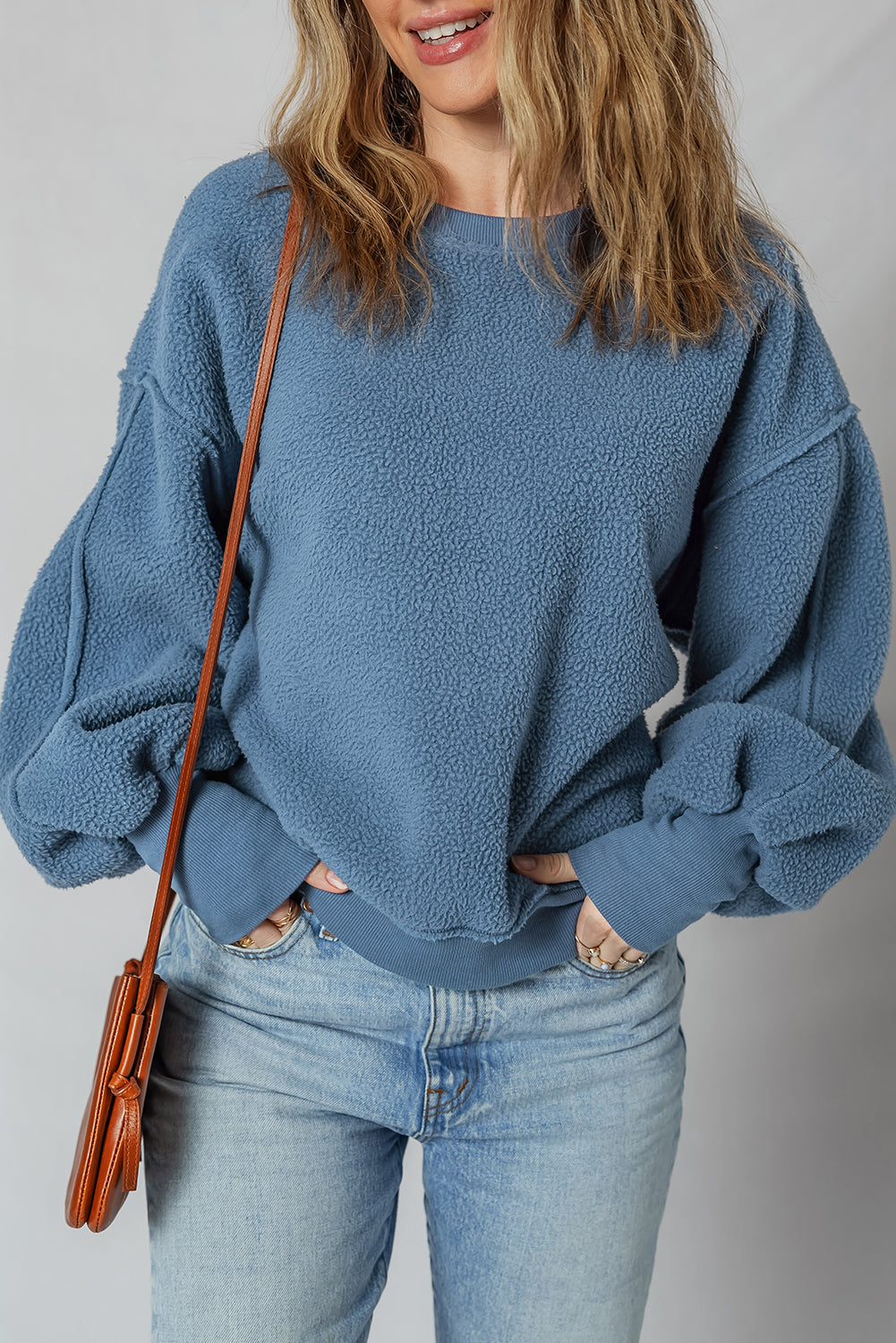 Sail Blue Fleece Drop Shoulder Exposed Seam Patchwork Sweatshirt