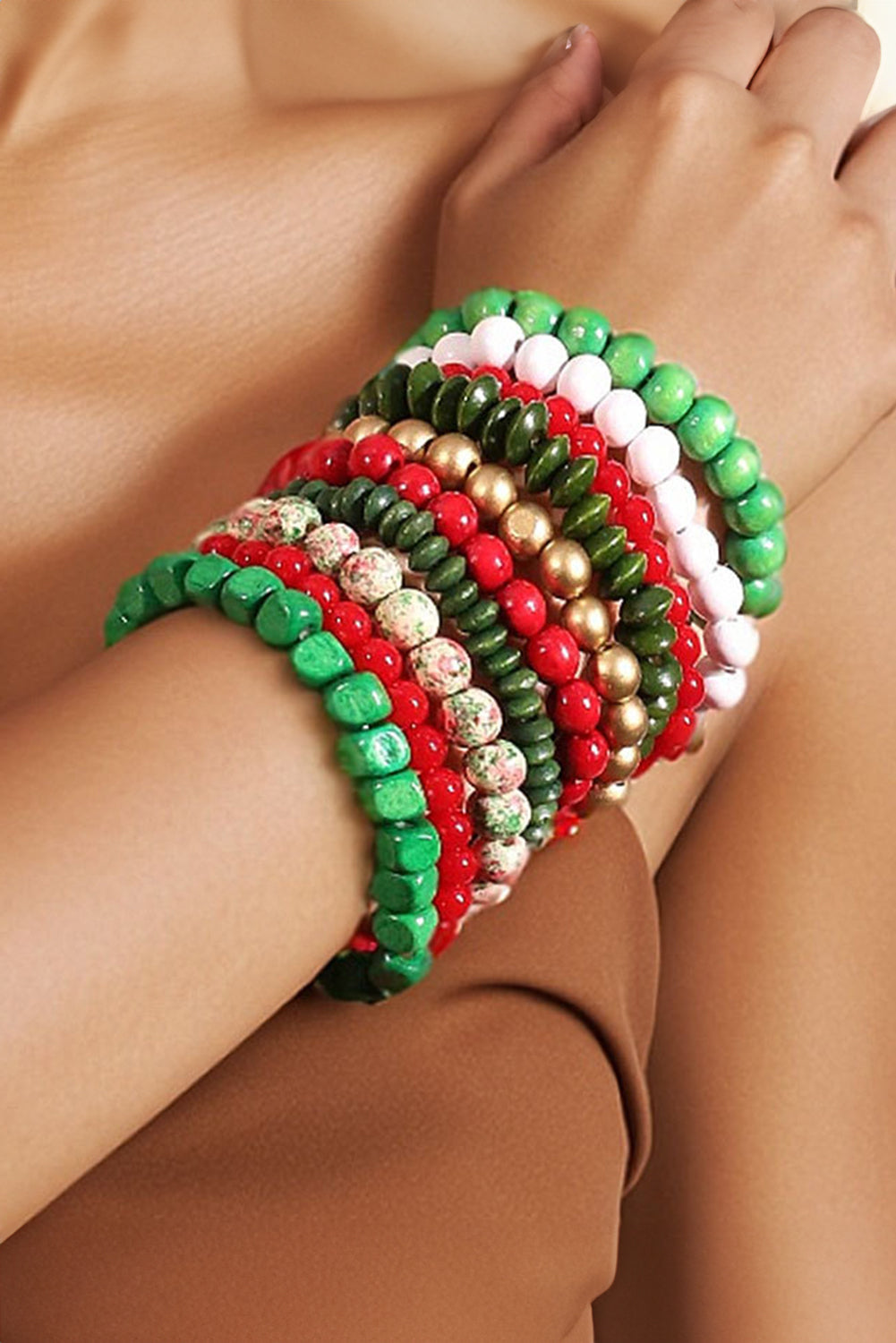 Fiery Red Christmas 10pcs Beaded Stackable Bracelet Set