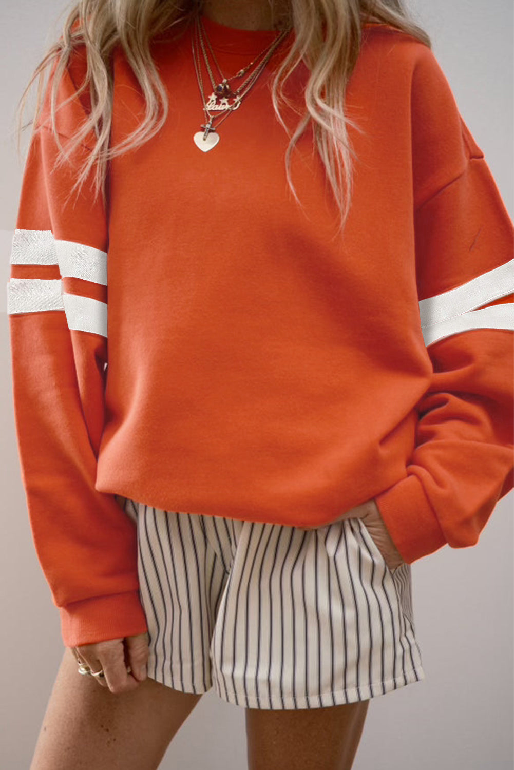 Evergreen Preppy Striped Sleeve Loose Sweatshirt