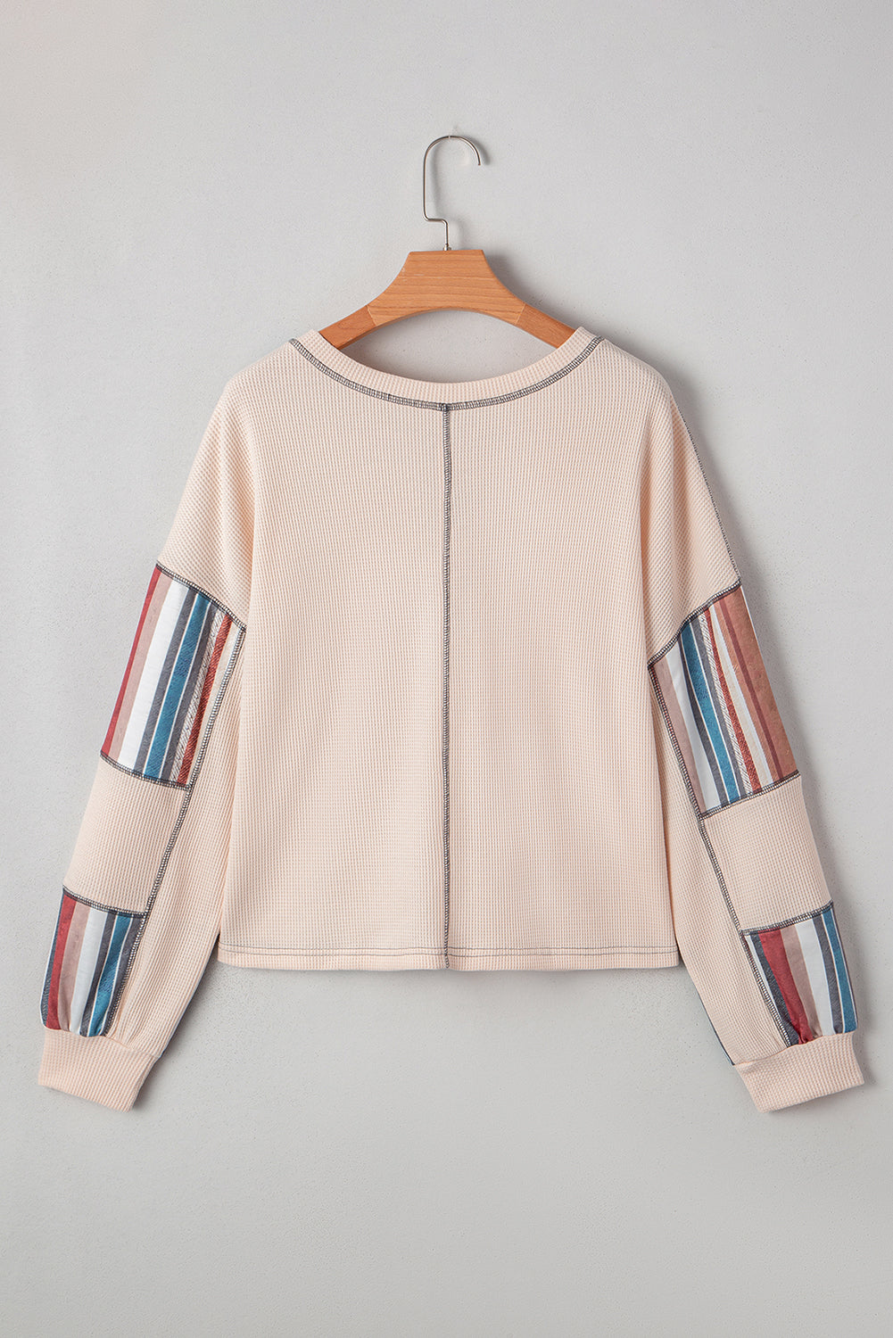 Beige Striped Waffle Patchwork Exposed Seam Raw Hem Knit Top