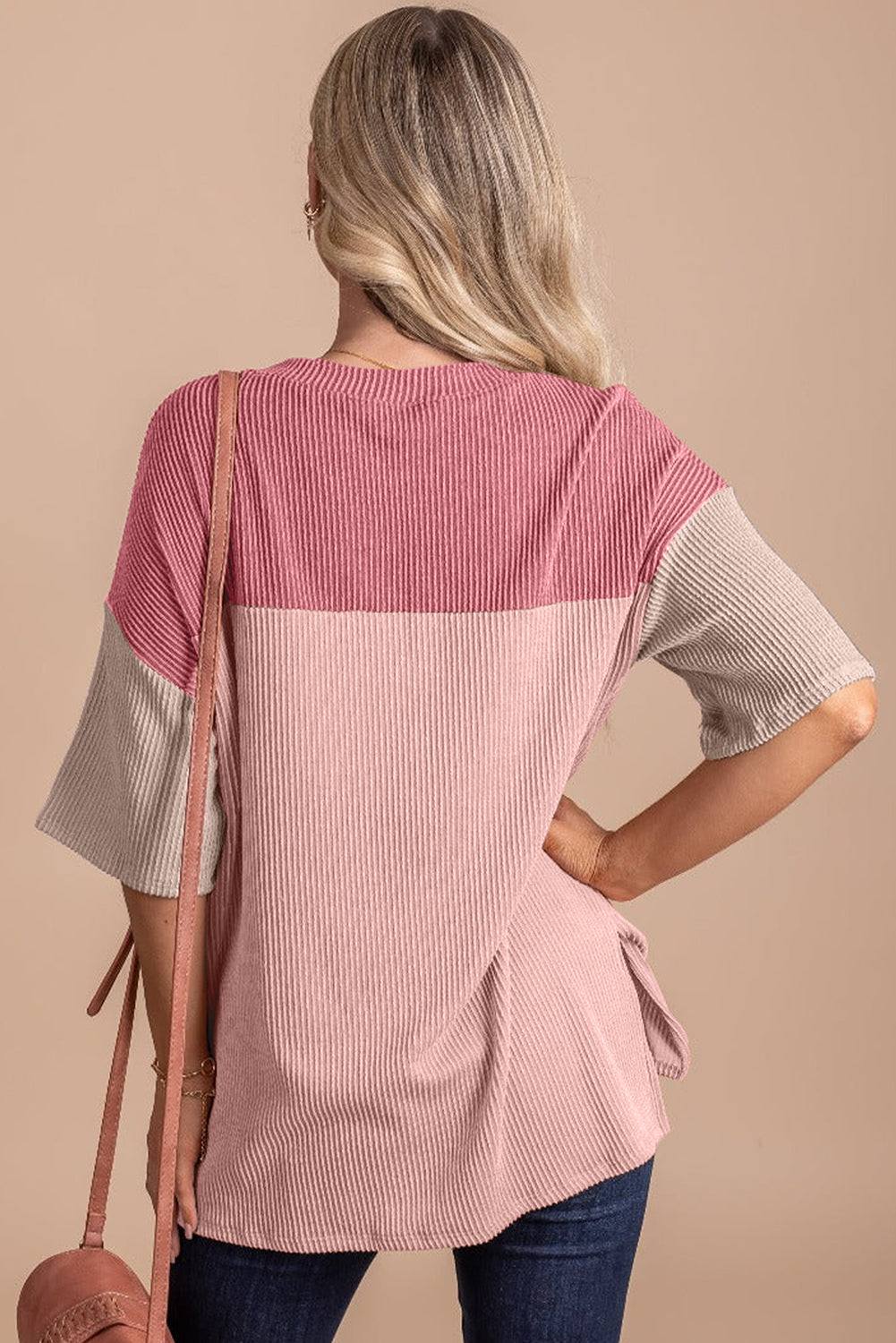 Black Color Block Ribbed Side Slits Half Sleeve Top